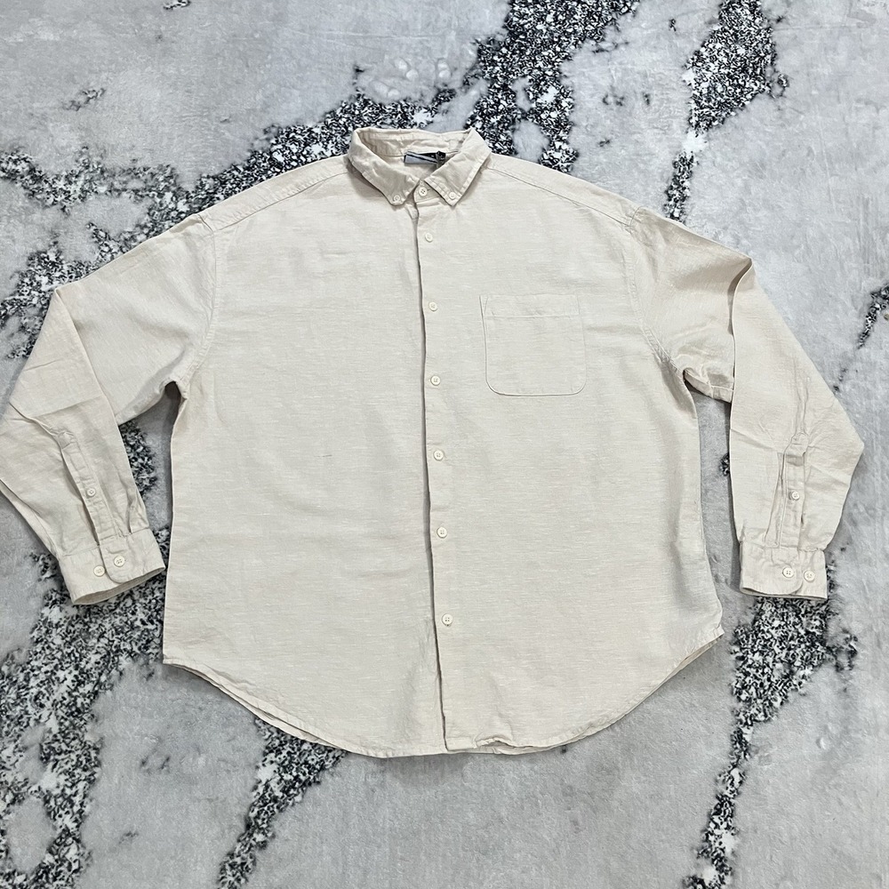 ASOS DESIGN Linen Blend Button Front Shirt XL Beige Long Sleeve Casual Pocket‎